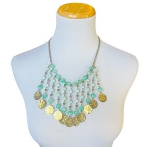 Green Marbled Bead Gold Dangle Statement Necklace Coin Accents Mermaid Beach